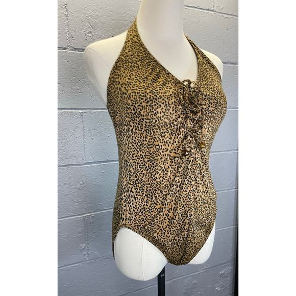 Vintage 1990s Leopard Print Halter Lace Up Bust High Cut Ome Piece Swimsuit M/L - Picture 2 of 10